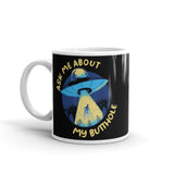 Ask Me About My Butthole (Blue UFO) White glossy mug