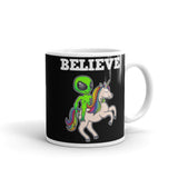 Believe (Alien on Unicorn) White glossy mug