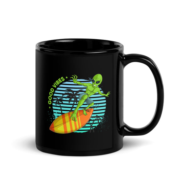 Good Vibes Surfing Alien Black Glossy Mug