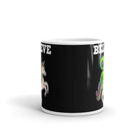 Believe (Alien on Unicorn) White glossy mug