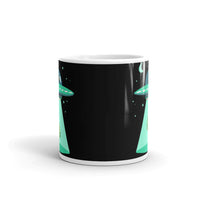 Bigfoot Abducting Dino White glossy mug