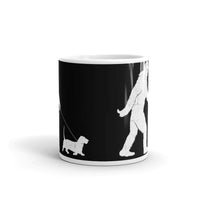 Bigfoot Walking Dog White glossy mug