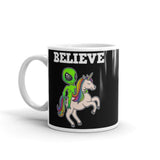 Believe (Alien on Unicorn) White glossy mug