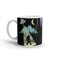 Alien Abducting Bigfoot White glossy mug