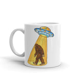 Abducting Bigfoot 2 White glossy mug