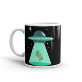 Bigfoot Abducting Dino White glossy mug