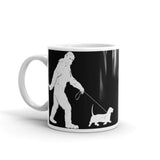 Bigfoot Walking Dog White glossy mug