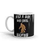 Boy Who Loves Bigfoot White glossy mug