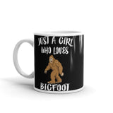 Girl Who Loves Bigfoot White glossy mug