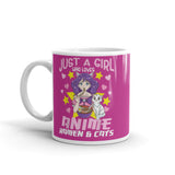 Just a Girl Who Loves Anime, Ramen, & Cats White glossy mug