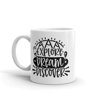 Explorer, Dream, Discover White glossy mug