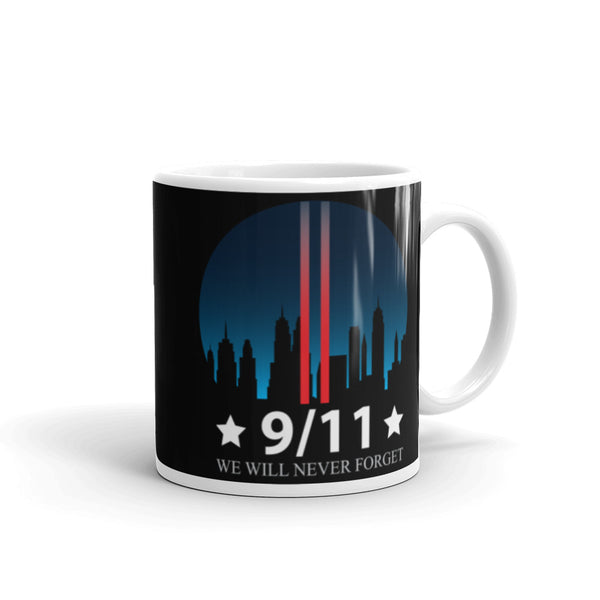 9/11 We Will Never Forget White glossy mug