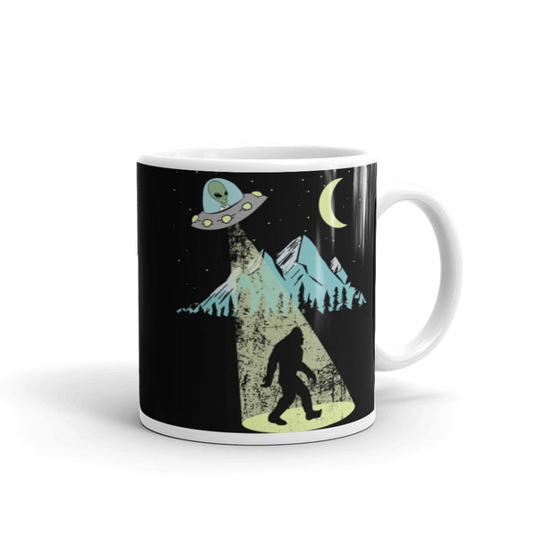 Alien Abducting Bigfoot White glossy mug