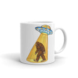 Abducting Bigfoot 2 White glossy mug