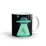 Bigfoot Abducting Dino White glossy mug