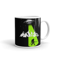 Abducting Bigfoot 4 White glossy mug