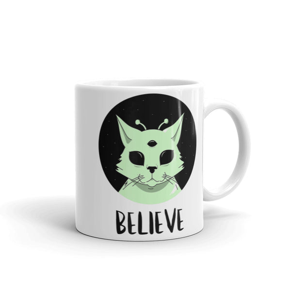 Believe (Alien Cat) White glossy mug