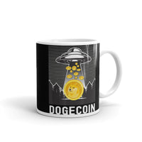 Abducting Dogecoin White glossy mug