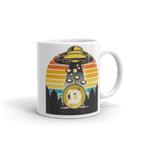 Abducting Dogecoin 2 White glossy mug