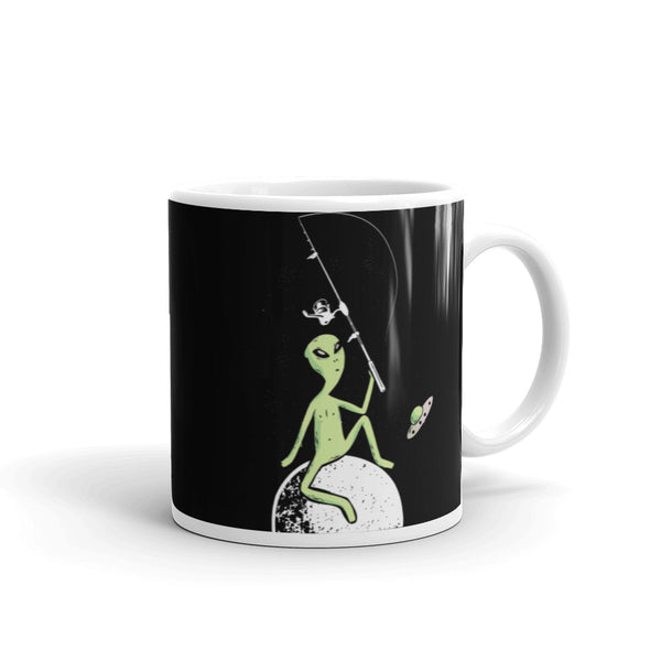 Fishing Alien White glossy mug