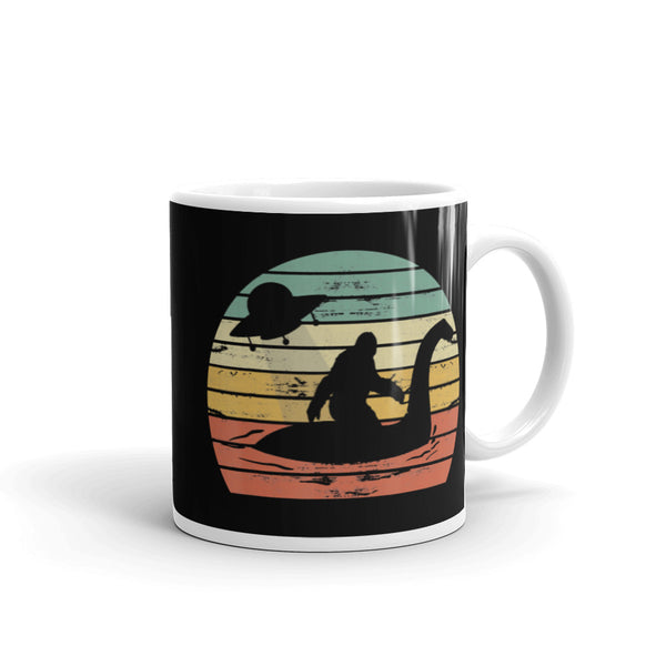 Bigfoot Riding Nessie White glossy mug