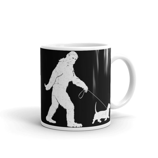 Bigfoot Walking Dog White glossy mug