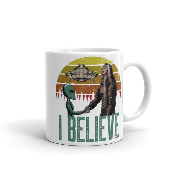 I Believe Cryptids White glossy mug