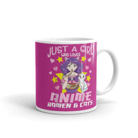 Just a Girl Who Loves Anime, Ramen, & Cats White glossy mug