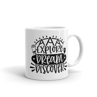 Explorer, Dream, Discover White glossy mug