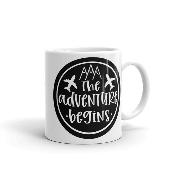 The Adventure Begins White glossy mug