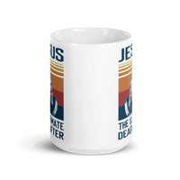 Jesus is the Ultimate Deadlifter White glossy mug