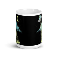 Alien Abducting Bigfoot White glossy mug