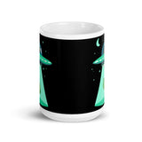 Bigfoot Abducting Dino White glossy mug