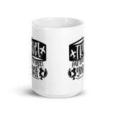 Travel Far Enough to Meet Yourself White glossy mug