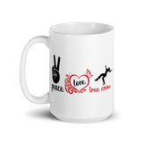 Peace Love & True Crime White glossy mug