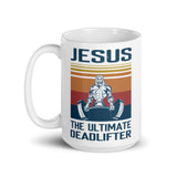 Jesus is the Ultimate Deadlifter White glossy mug