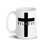 I Believe Cross White glossy mug