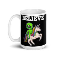 Believe (Alien on Unicorn) White glossy mug