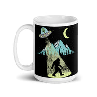 Alien Abducting Bigfoot White glossy mug