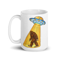 Abducting Bigfoot 2 White glossy mug