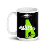 Abducting Bigfoot 4 White glossy mug