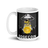 Abducting Dogecoin White glossy mug