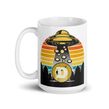 Abducting Dogecoin 2 White glossy mug