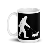 Bigfoot Walking Dog White glossy mug