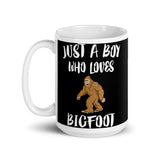 Boy Who Loves Bigfoot White glossy mug