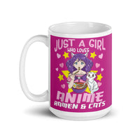 Just a Girl Who Loves Anime, Ramen, & Cats White glossy mug