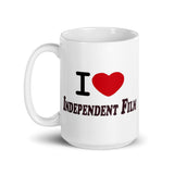 I Love Independent Film White glossy mug