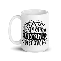 Explorer, Dream, Discover White glossy mug