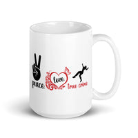 Peace Love & True Crime White glossy mug