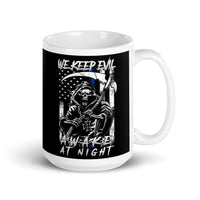 We Keep Evil Awake at Night White glossy mug